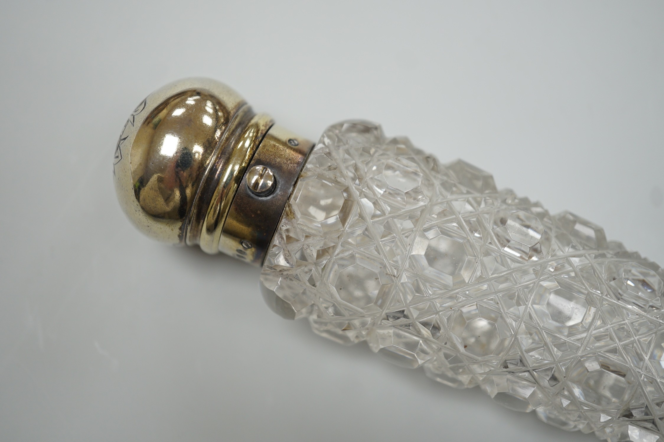 A large Victorian silver mounted hob nail cut teardrop shaped scent bottle, Walter Thornhill, London, 1883, 36.2cm.